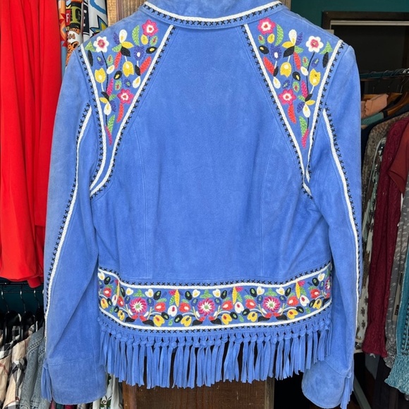 Double D Ranch leather fringe jacket floral embroidered cross stitch RTL $1200 - Picture 3 of 9
